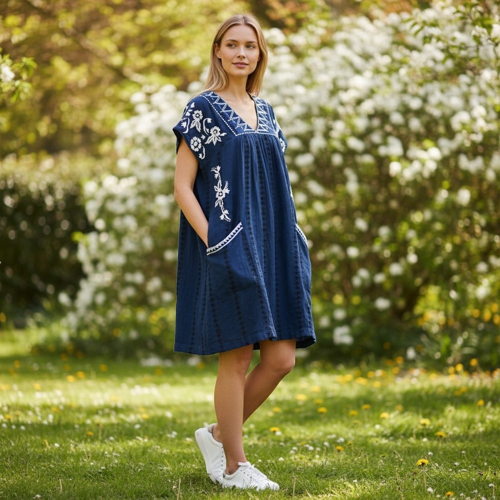Lucky Brand sz L blue cotton boho embroidered cap sleeve mini dress HH